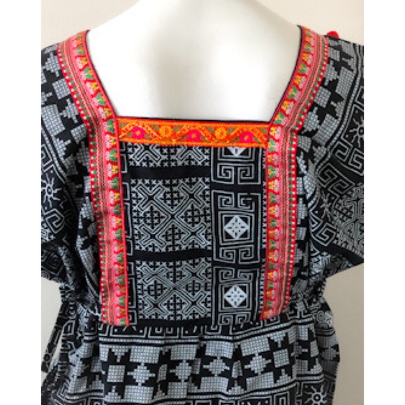 Thai Free Size Black and White Boho Festival Dress With Red Pom Poms - Picture 5 of 7